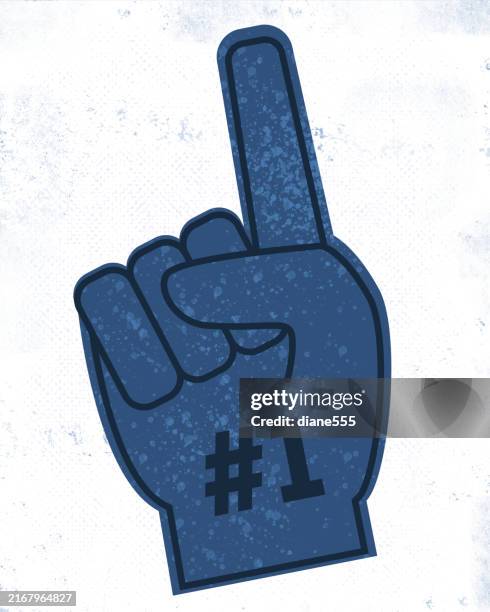 ilustraciones, imágenes clip art, dibujos animados e iconos de stock de número 1 dedo de espuma de ventilador deportivo sobre un fondo texturizado - mano de espuma