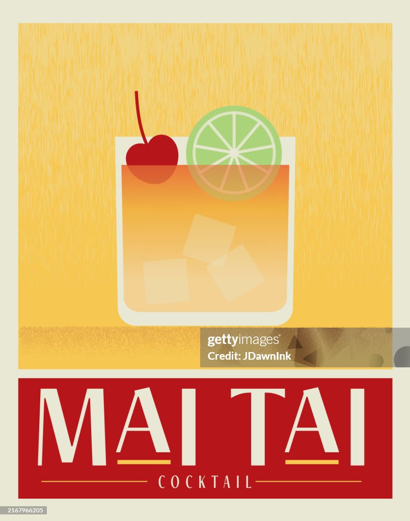 Plantilla de diseño de póster de cóctel de bebida de cóctel retro Mai Tai con cereza al marrasquino y rodaja de lima con tipografía