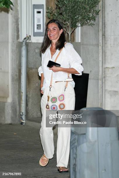 Queen Letizia of Spain and King Felipe VI of Spain are seen leaving an intimate dinner at La Lonja del Mar restaurant on August 22, 2024 in Madrid,...