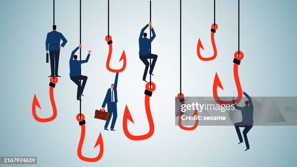 stockillustraties, clipart, cartoons en iconen met traps and baits, investment temptations and risks, scams or frauds, businessmen climbing on fishhooks - veleiding