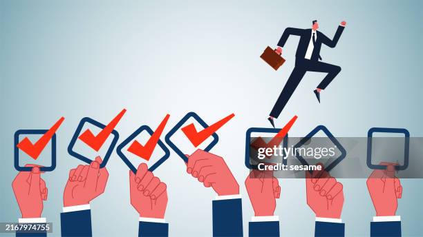 completing tasks one by one, project business management and progress tracking, perfect execution of work plans, businessmen running forward with checkmarks and checkboxes in their hands - running behind stock illustrations