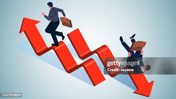 businessmen who make money on investments versus those who lose money, business failures versus successes, instability of investments, isometric businessmen running on up arrows versus falling on down arrows - versus stock illustrations