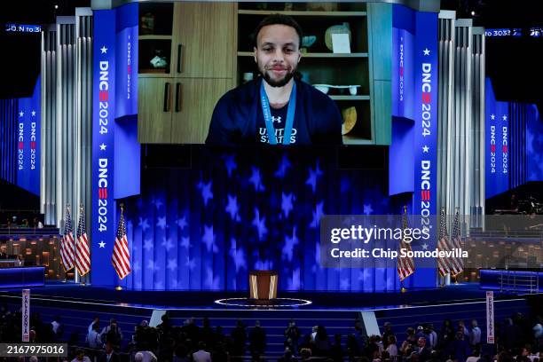 Player Steph Curry delivers a video message during the final day of the Democratic National Convention at the United Center on August 22, 2024 in...