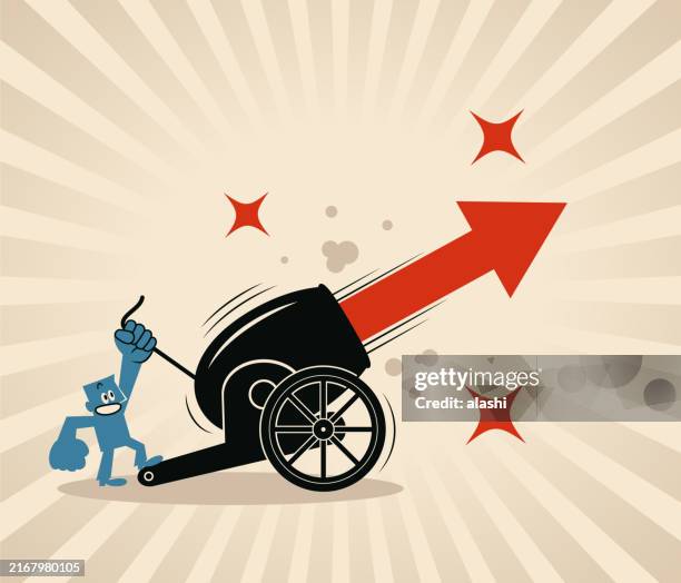 illustrations, cliparts, dessins animés et icônes de un homme d’affaires utilise un canon pour tirer une grande flèche rouge symbole vers le haut, croissance explosive, prise de risques audacieux, stratégies non conventionnelles - tend fire