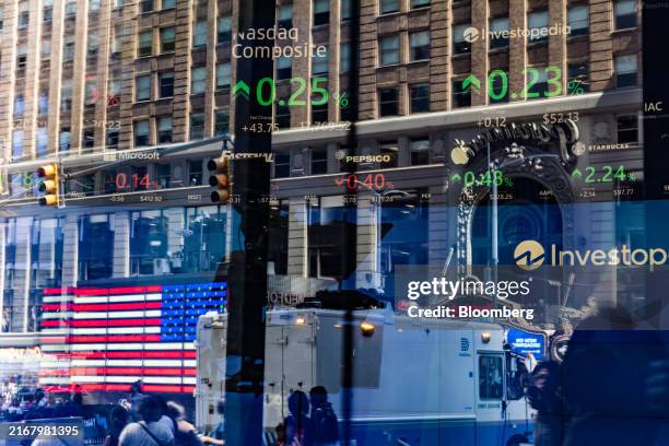 The Nasdaq MarketSite in New York, US, on Tuesday, Aug. 27, 2024. Stock traders gearing up for Federal Reserve rate cuts piled into riskier corners...