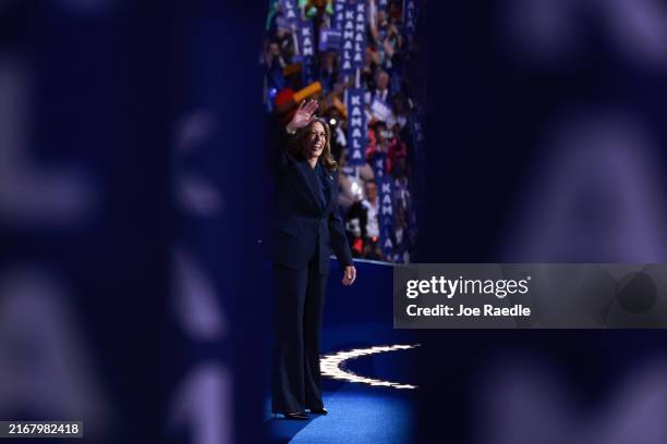 Democratic presidential candidate, U.S. Vice President Kamala Harris arrives to speak on stage during the final day of the Democratic National...