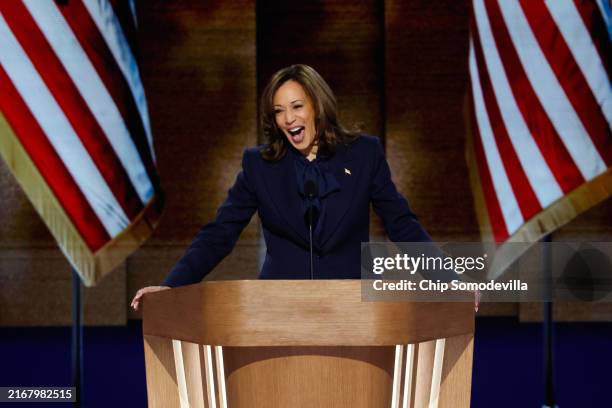 Democratic presidential candidate, U.S. Vice President Kamala Harris speaks onstage during the final day of the Democratic National Convention at the...