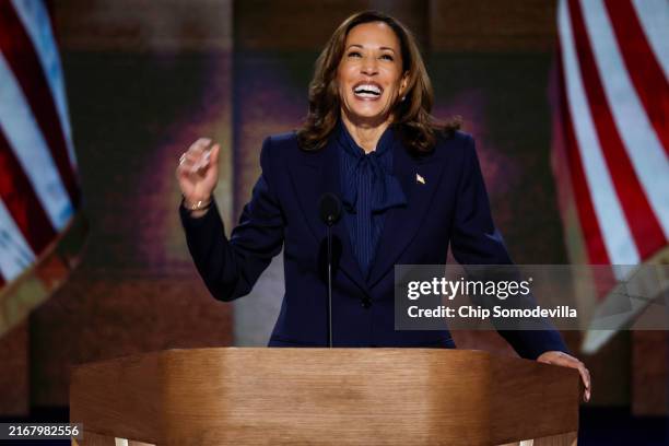 Democratic presidential candidate, U.S. Vice President Kamala Harris arrives to speak on stage during the final day of the Democratic National...