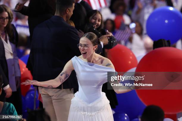 Ella Emhoff, stepdaughter of U.S. Vice President Kamala Harris, celebrates during the final day of the Democratic National Convention at the United...