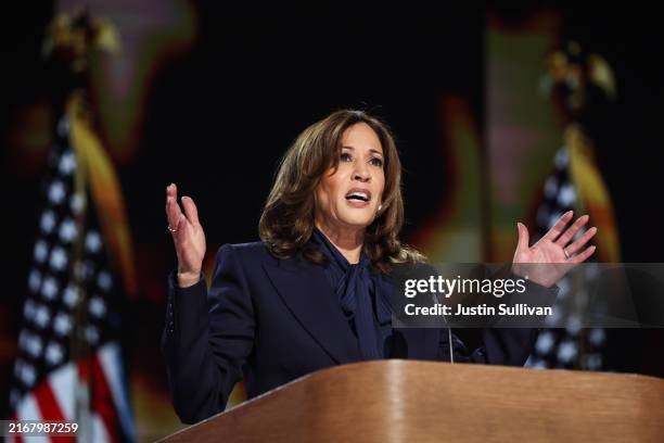 Democratic presidential candidate U.S. Vice President Kamala Harris speaks on stage during the final day of the Democratic National Convention at the...