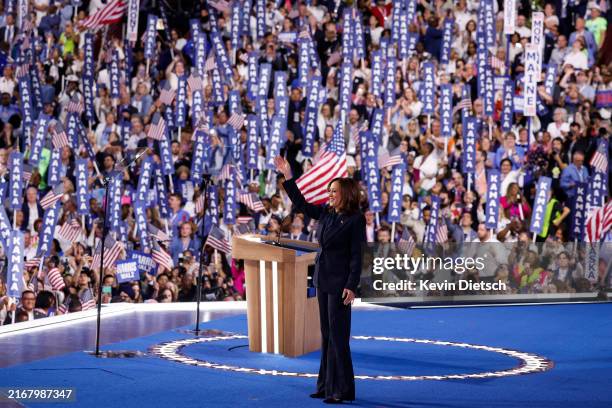 Democratic presidential nominee, U.S. Vice President Kamala Harris celebrates after accepting the Democratic presidential nomination during the final...