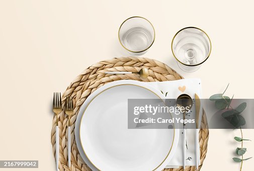 Empty plate table setting fork and spoon in white table.Flat lay Empty plate table setting fork and spoon in white table.Flat lay