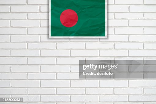 Empty blank textured weathered white bricks wall background - A horizontal crumpled paper vector with label or sticker of Bangladesh or Bangladeshi flag with red circle over green backdrop Empty blank textured weathered white bricks wall background - A horizontal crumpled paper vector with label or sticker of Bangladesh or Bangladeshi flag with red circle over green backdrop