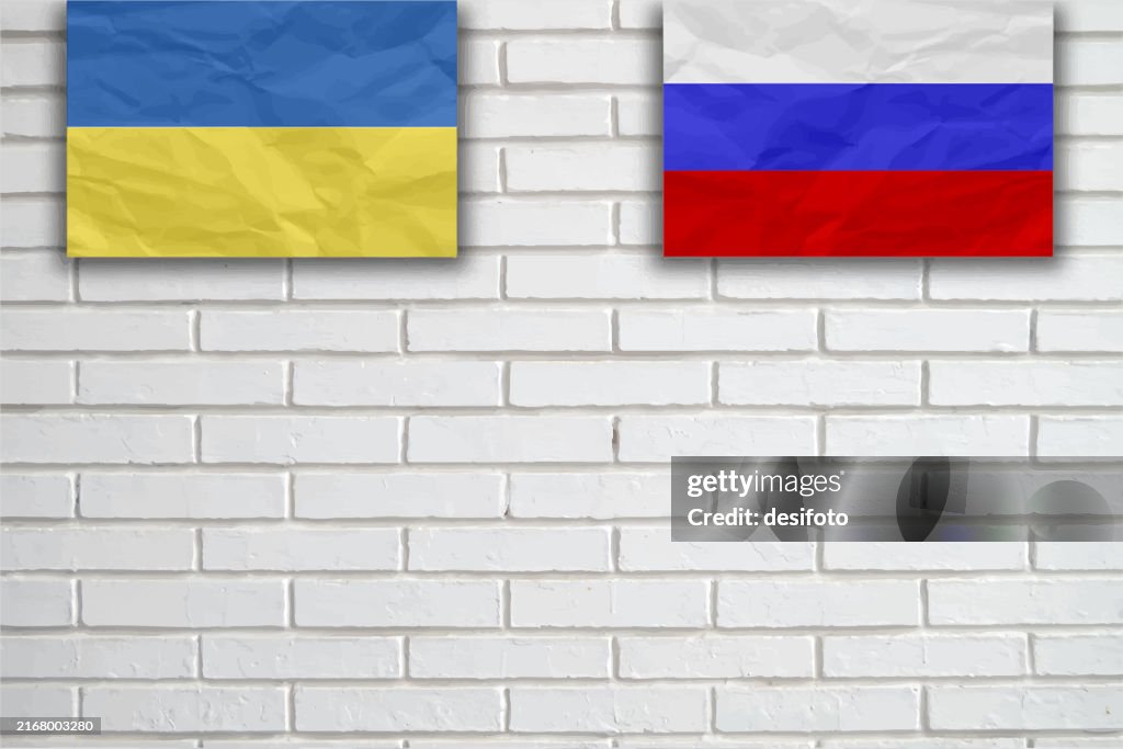 Blank textured painted whitewashed white bricks wall background - A horizontal vector with crumpled paper label or sticker of Russia or Russian flag with red blue and white stripes, Ukrainian flag of Ukraine in face off conflict or war against each other