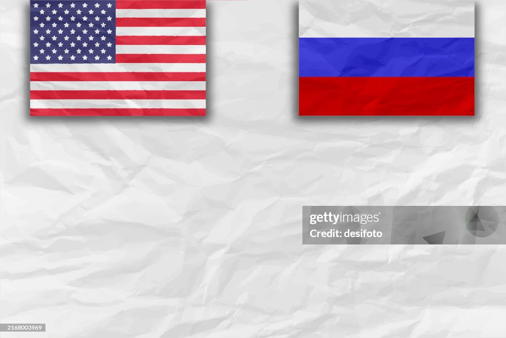 Blank textured weathered white crumpled paper background - A horizontal vector with label or sticker of Russia or Russian flag together with red blue and white stripes and American flag of USA in collaboration, face off conflict or war against each other