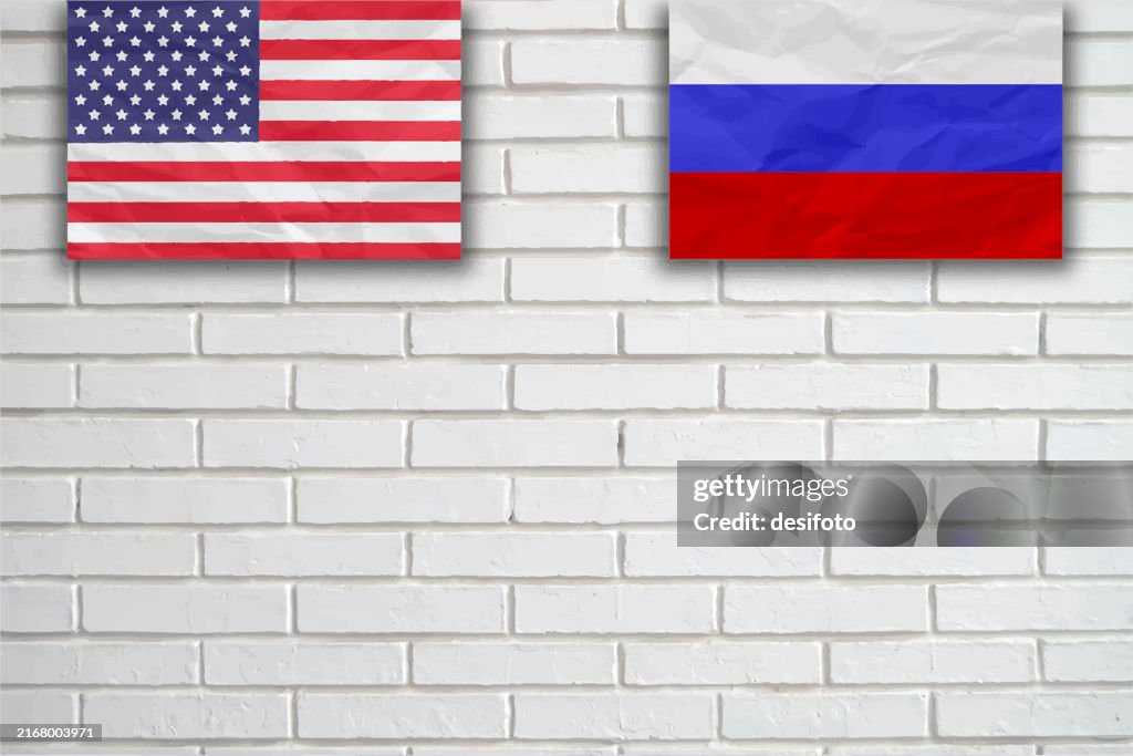 Blank textured weathered white brick wall horizontal vector background with crumpled paper label sticker of Russia Russian flag together with red blue and white stripes and American flag of USA in collaboration, face off conflict or war against each other