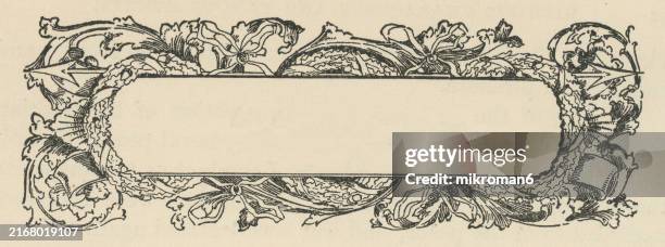 old engraved illustration of decorative ornament frame - early flowers stock pictures, royalty-free photos & images