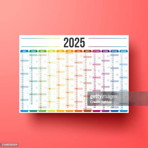 ilustraciones, imágenes clip art, dibujos animados e iconos de stock de calendario español 2025 aislado sobre fondo rojo - artículo de papelería
