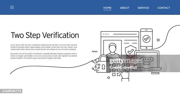 ilustraciones, imágenes clip art, dibujos animados e iconos de stock de conjunto vectorial de ilustración concepto de verificación en dos pasos. diseño de fondo de estilo de arte de línea para página web, banner, póster, impresión, etc. ilustración vectorial. - verificación