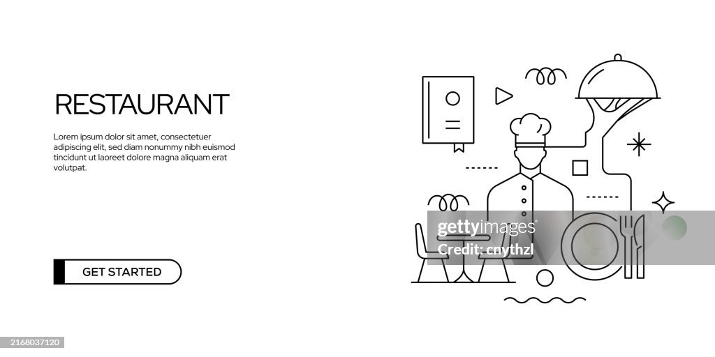 Restaurant and Food Related Line Banner Design. Chef, Menu, Serving, Bar, Cutlery.