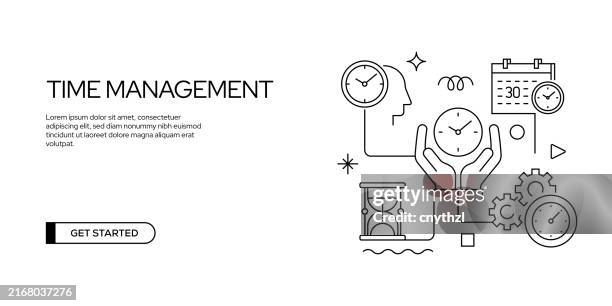 time management related line banner design vector illustration. - time management stock illustrations
