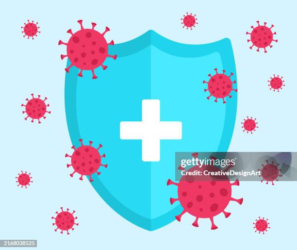 illustrazioni stock, clip art, cartoni animati e icone di tendenza di scudo con croce bianca e cellule virali rosse. protezione contro batteri e virus - virus informatico