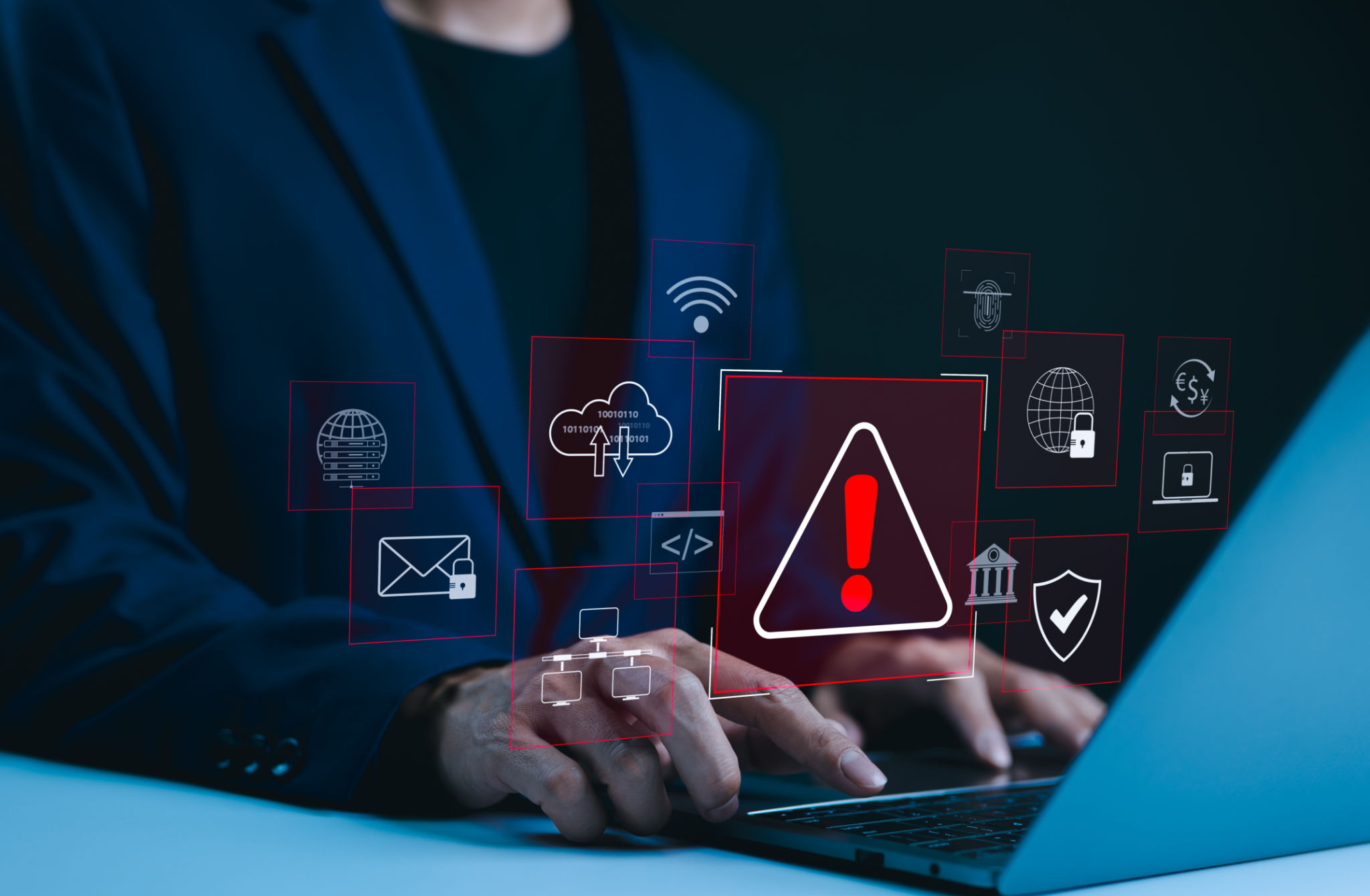 Cybersecurity warning alert system concept. Businessman working on laptop. Computer network hack, crime and virus, Malicious software, compromised information, illegal connection, data vulnerability, Cybersecurity warning alert system concept. Businessman working on laptop. Computer network hack, crime and virus, Malicious software, compromised information, illegal connection, data vulnerability,