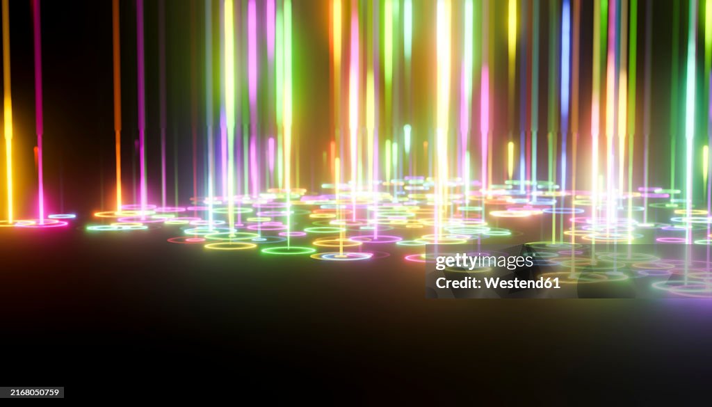 3D render of colorful laser lights falling on black background