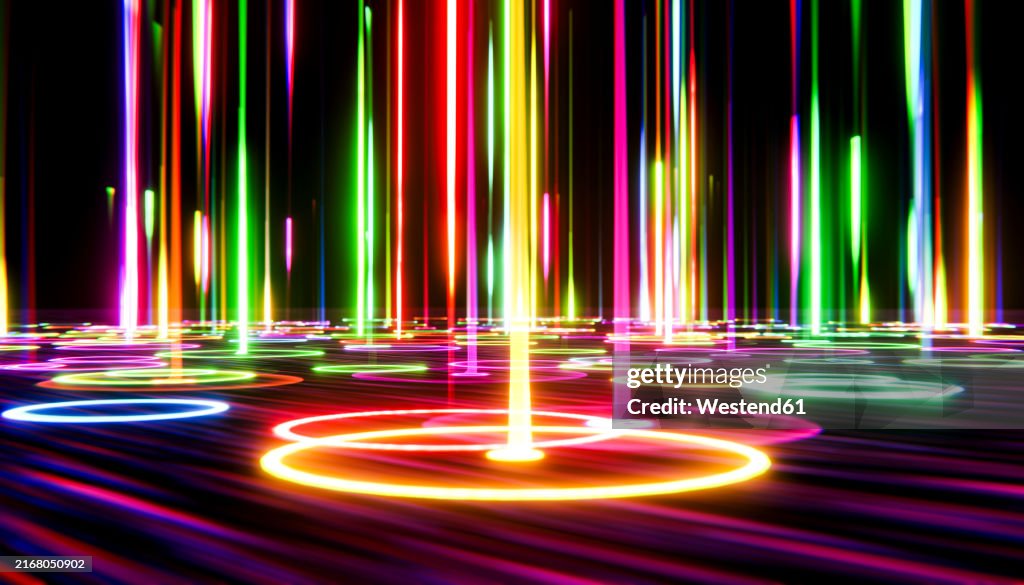 3D render of falling multi colored laser light effects