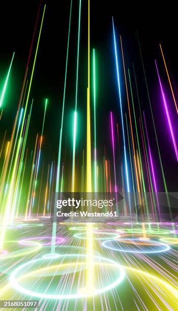 3d render of falling vibrant laser lights effect on black background - led screen stock illustrations