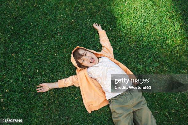 cheerful boy lying on grass in garden - solo bambini maschi foto e immagini stock