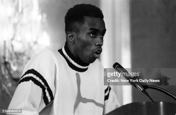Sean Combs is pictured during a press conference at the Plaza Hotel in Manhattan, New York on January 2 following a deadly stampede at a concert at...
