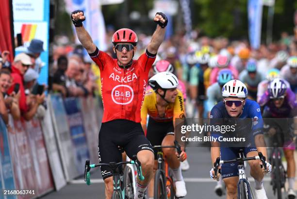 Arnaud Demare of France and Team Arkea-B&B Hotels celebrates at finish line as stage winner ahead of Paul Penhoet of France and Team Groupama-FDJ...
