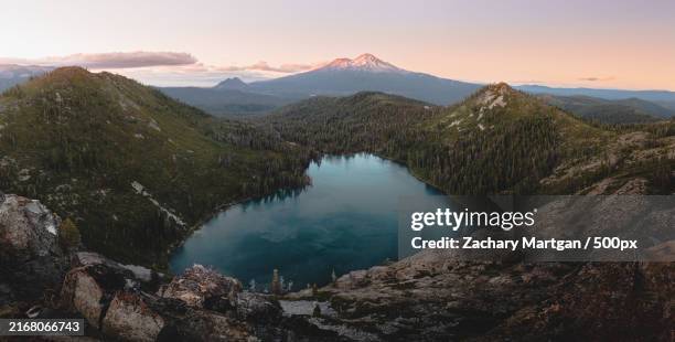 scenic view of lake and mt shasta against sky during sunset,mt shasta,california,united states,usa - mount shasta stock pictures, royalty-free photos & images
