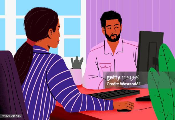 businesswoman discussing with coworker on desktop pc at office - arabic language stock illustrations