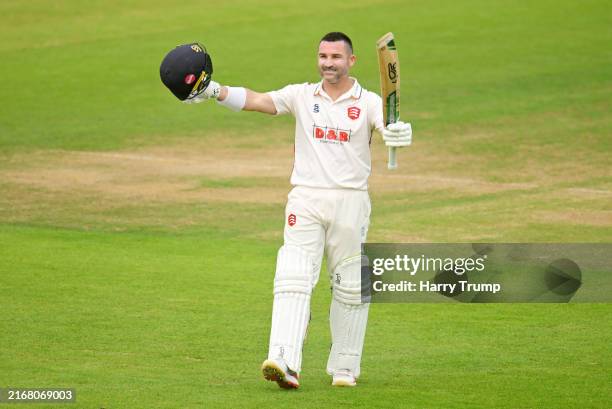 Dean Elgar of Essex celebrates his century during Day Two of the Vitality County Championship Division One match between Hampshire and Essex at...