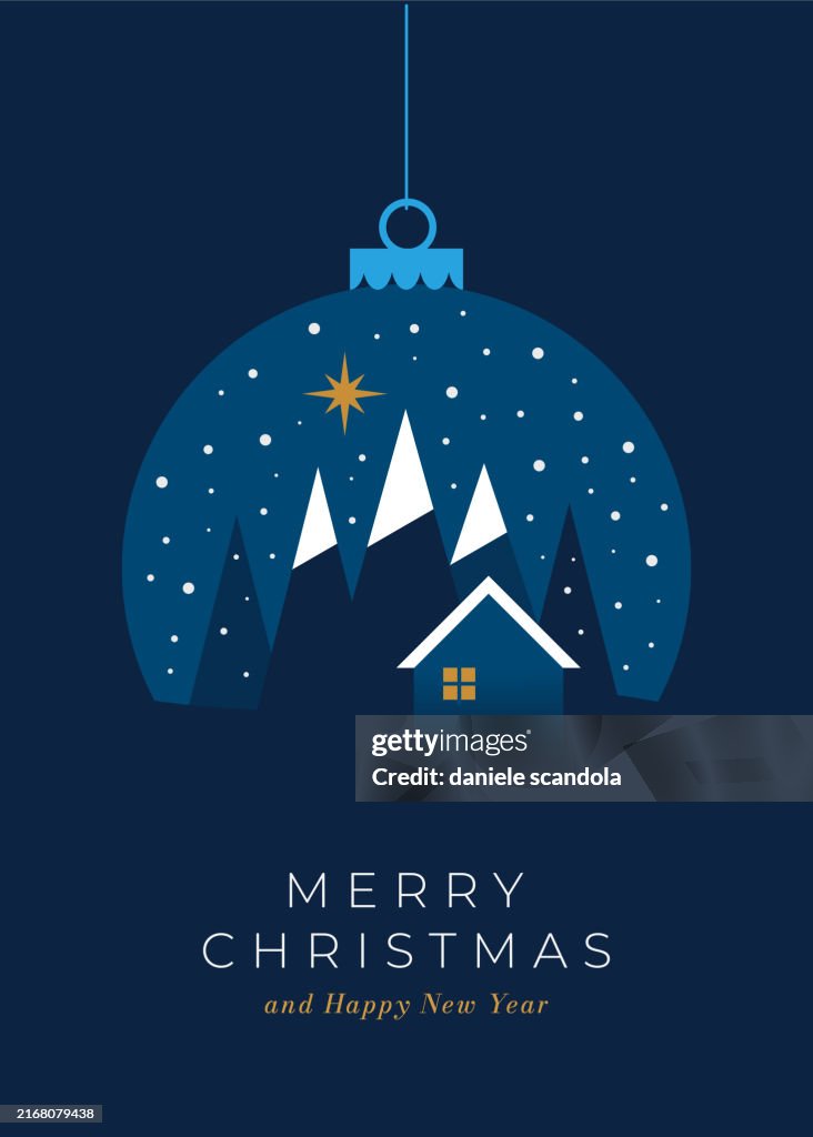 Christmas ball with a Christmas tree and snow inside it.