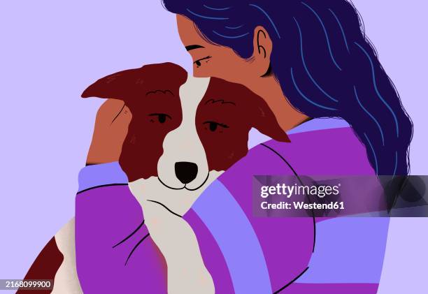affectionate woman hugging and comforting pet dog - one animal stock illustrations