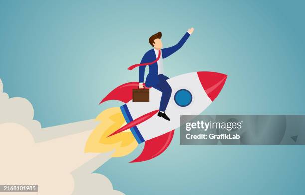businessman ride a rocket for business start up project concept - business dinner stock illustrations