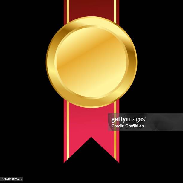golden medal with red ribbon on black background - gold certificate stock illustrations