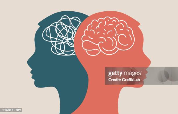 metaphor bipolar disorder mind mental. double face. split personality. - thinking head vector stock illustrations