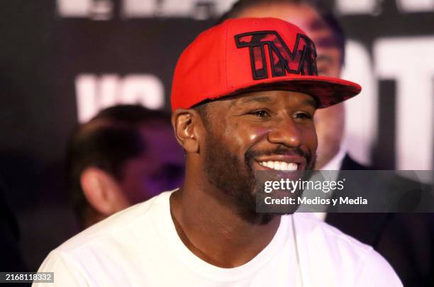 Floyd Mayweather Jr smiles during the Weigh-Ins before his exhibition fight against John Gotti III at Big Bola Casino on August 23, 2024 in Mexico...