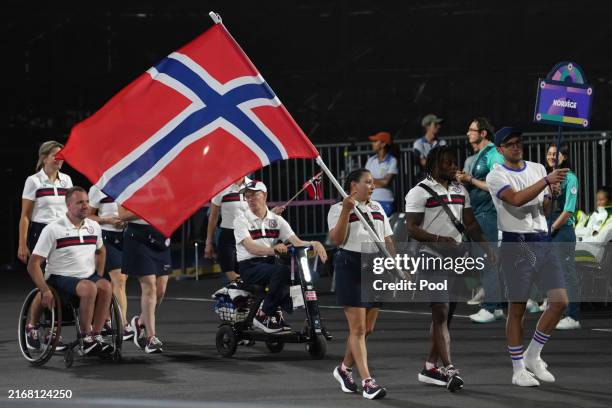 Members of the Norwegian delegations parade during the opening ceremony of the Paris 2024 Summer Paralympic Games at Place de la Concorde on August...