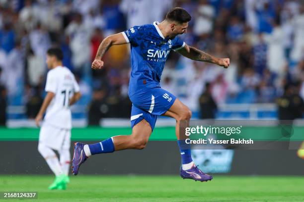 Aleksander Mitrovic of Al Hilal celebrates after scoring the 3rd goal for his team during the Saudi Pro League match between Al Hilal and Damac at...