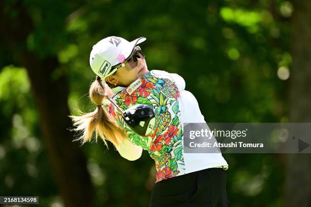 Shiho Kuwaki of Japan hits her tee shot on the 7th hole during the third round of NITORI LADIES at Katsura Golf Club on August 24, 2024 in Tomakomai,...
