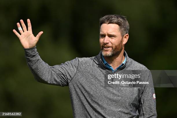 Lucas Bjerregaard of Denmark acknowledges the crowd following his round on the 18th green during Round Two on Day Three of the Danish Golf...