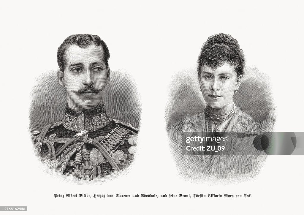 Albert Victor and Mary of Teck, wood engravings, published 1892