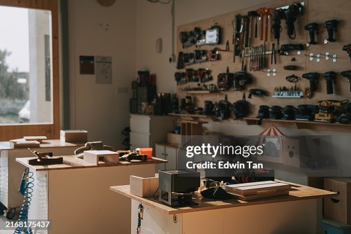 Hand Tools and Workbench in Carpentry Workshop Hand Tools and Workbench in Carpentry Workshop