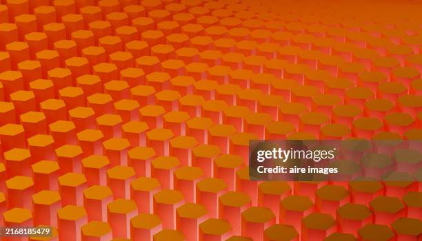hexagonal cube textures with orange background in a three-dimensional rendered image with light effects, side view - bee pattern stock pictures, royalty-free photos & images