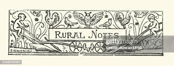title design element, rural notes, vintage illustration, victorian, 19th century style - woodcut stock illustrations